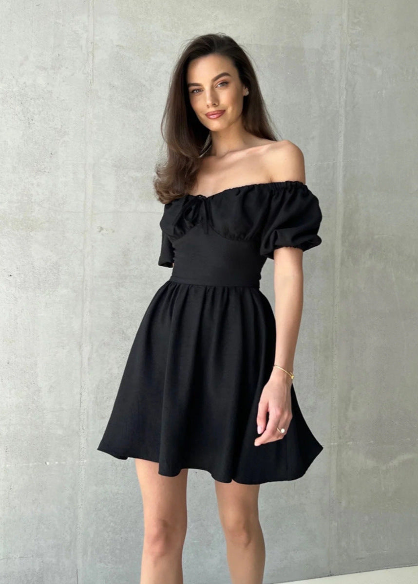Off Shoulder Puff Sleeve Mini Dress Cotton Blend