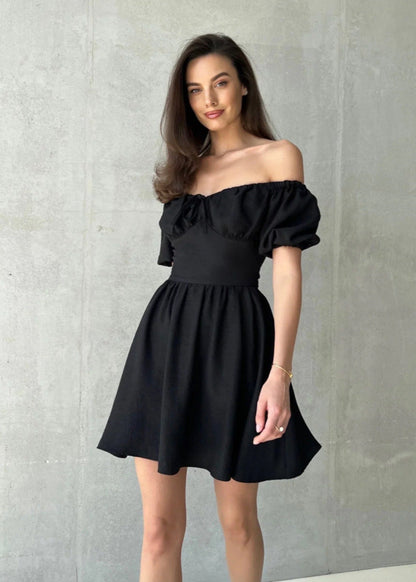 Off Shoulder Puff Sleeve Mini Dress Cotton Blend