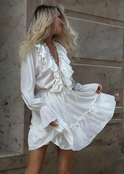 Ruffled Long Sleeve Mini Dress Lightweight Fabric