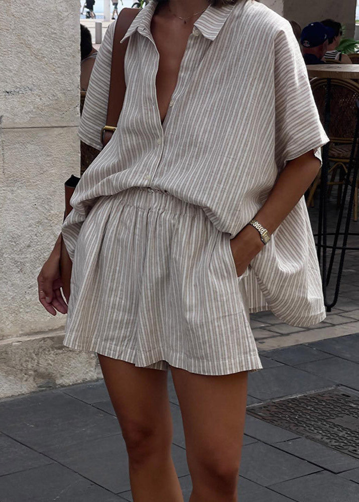Striped Linen Look Two Piece Set Khaki
