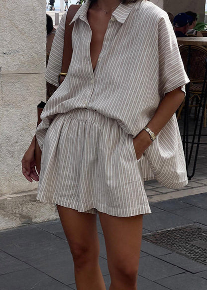 Striped Linen Look Two Piece Set Khaki