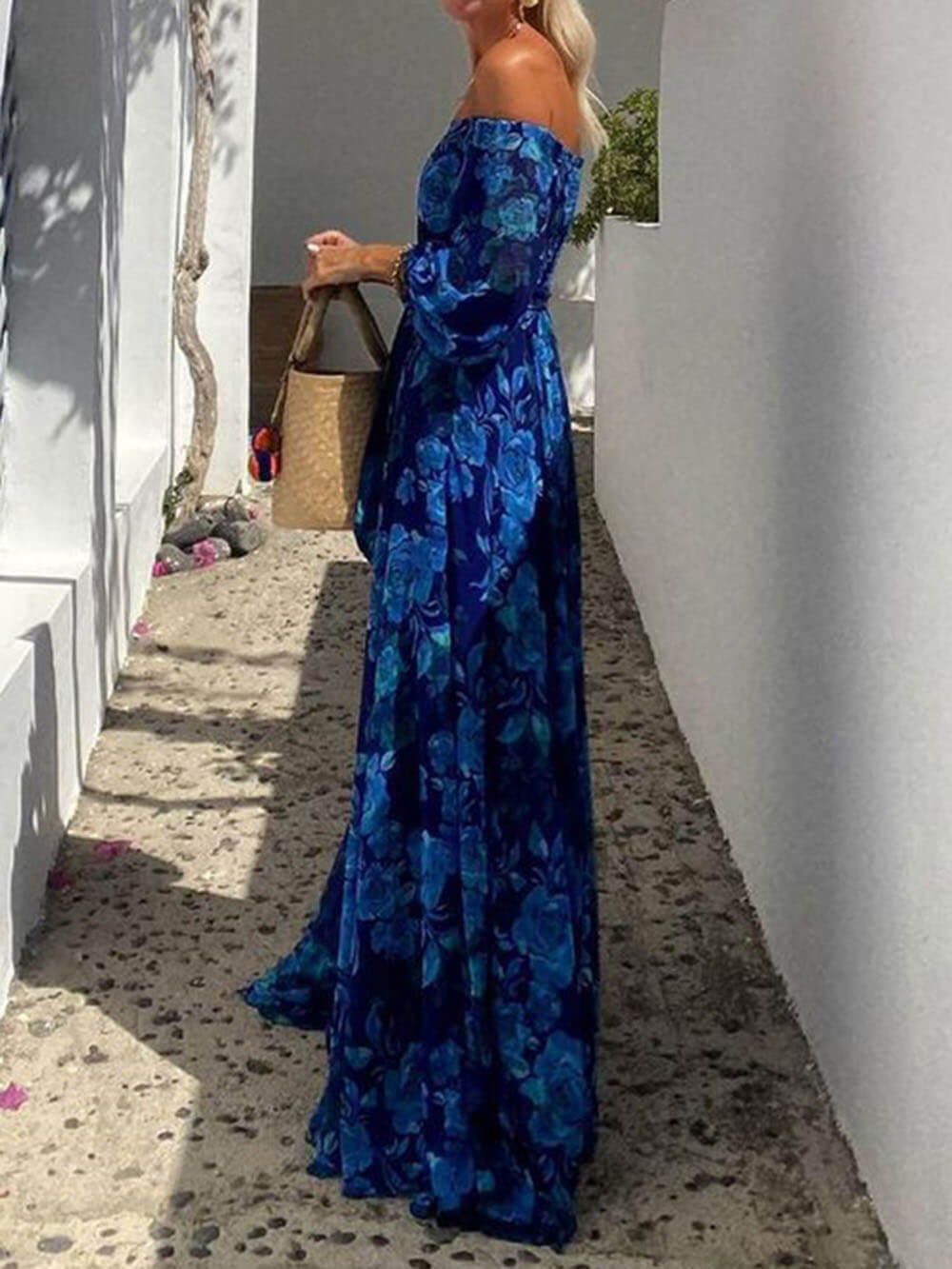 Floral Off Shoulder Smocked Blue Maxi Dress