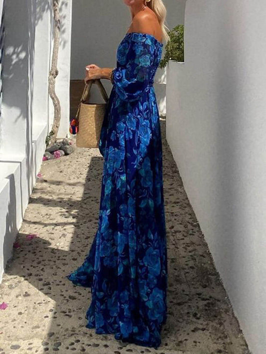 Floral Off Shoulder Smocked Blue Maxi Dress