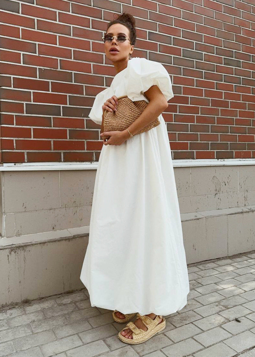 Puff Sleeve Maxi Dress Lightweight White