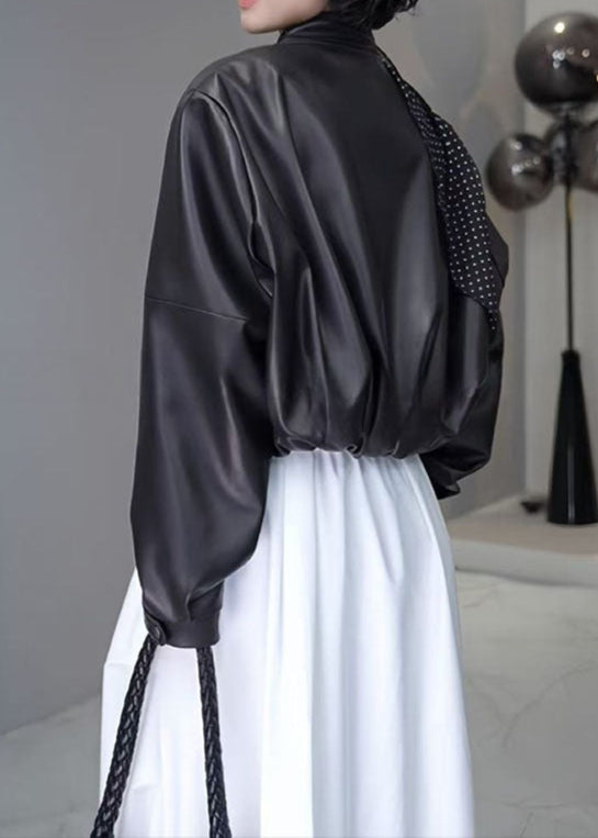 Cropped Faux Leather Snap Button Jacket