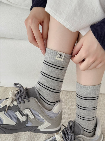 Rufia - Striped Puppy Mid-calf Socks - Cute &amp; Stylish