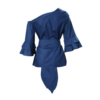 Flared Sleeves Wrap Bandage Hollow Solid Color Split-Joint Shirts Tops