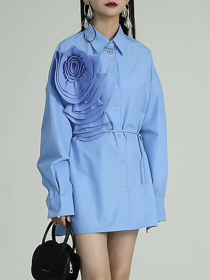 Solid Color Three-Dimensional Flower Long Sleeves Buttoned Blouses