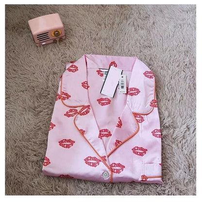 Sexy Home Service Two-Piece Pajama Set With Ice Silk Satin Strong Print Short Sleeve Shorts