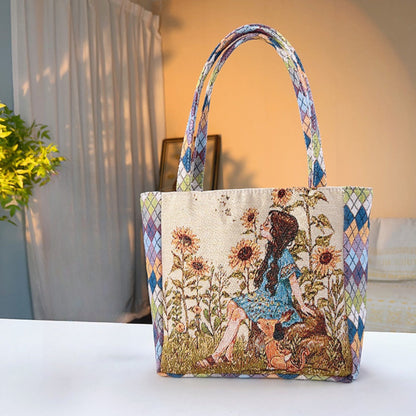 Cosbai - Diamond Pattern Lace Print Canvas Tote Bag