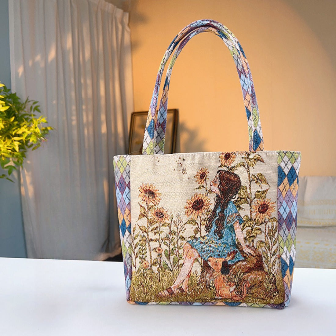 Cosbai - Diamond Pattern Lace Print Canvas Tote Bag