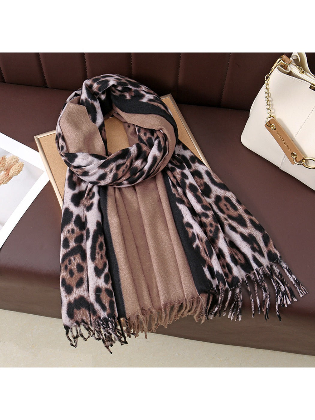 Sscarvii - Leopard Print Tassel Winter Scarf
