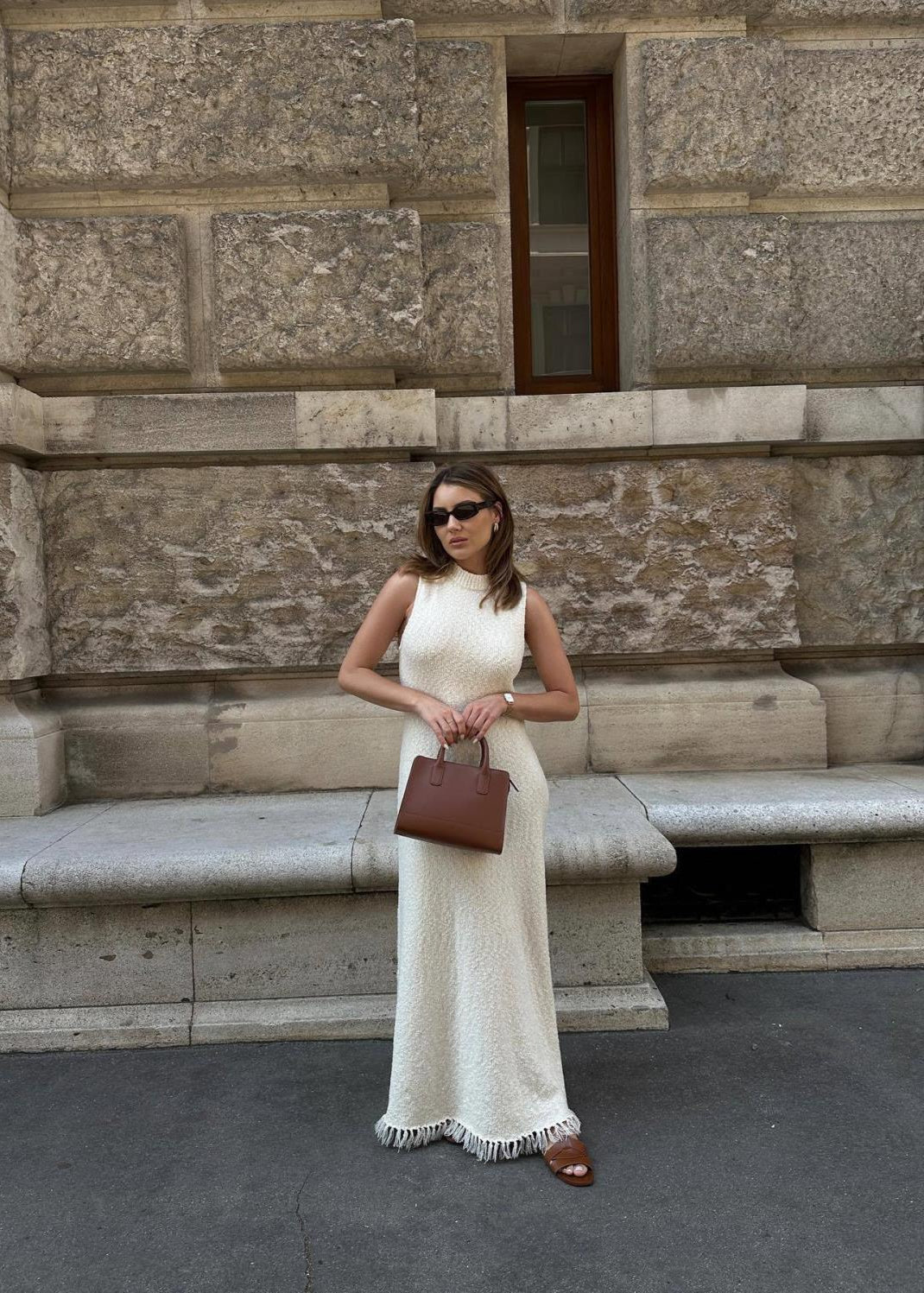 Sleeveless Knit Maxi Dress With Fringe Hem