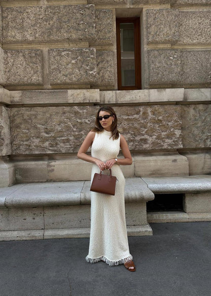 Sleeveless Knit Maxi Dress With Fringe Hem