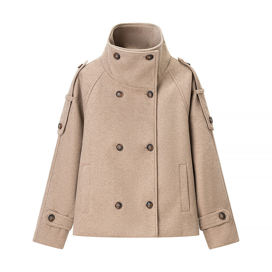 Short Wool Coat With Stand Collar And Button Front