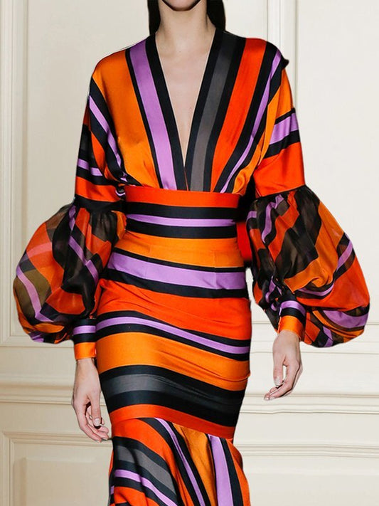 Bodycon Long Sleeves Contrast Color Split-Joint Striped Deep V-Neck Maxi Dresses