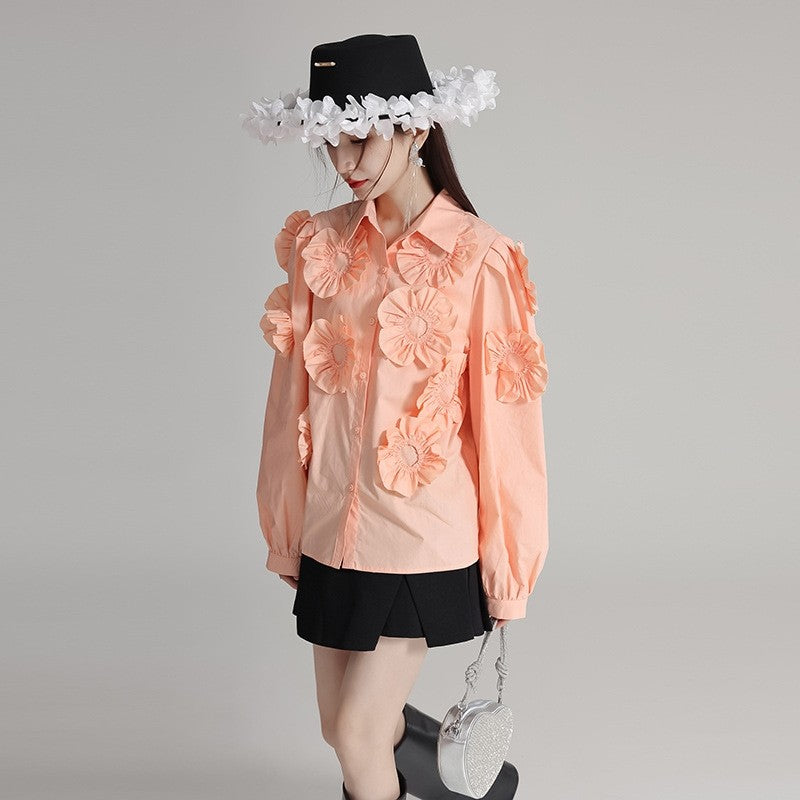 Cotton Long Sleeve Shirt With 3D Floral Embroidery