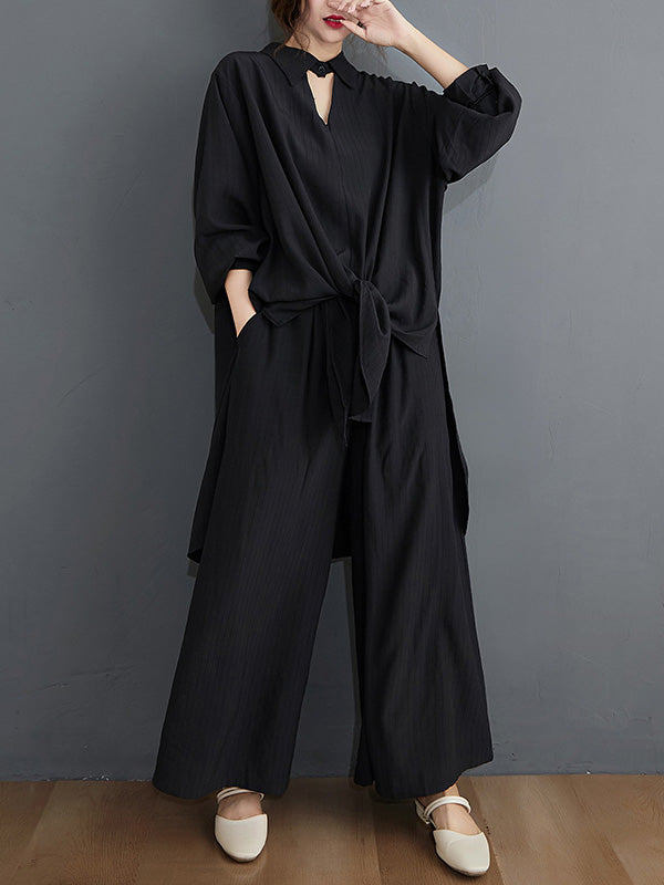 Simple Solid Color Lapel T-Shirt Tops+Loose Pants Two Pieces Set