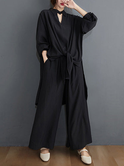 Simple Solid Color Lapel T-Shirt Tops+Loose Pants Two Pieces Set