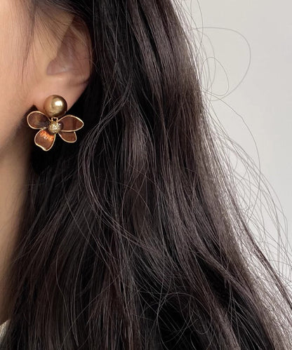 Vintage Coffee Copper Overgild Pearl Stud Earrings
