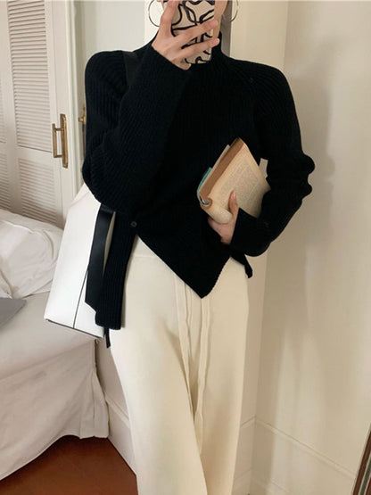 Urban Long Sleeves Split-Side Solid Color High-Neck Sweater Tops Pullovers