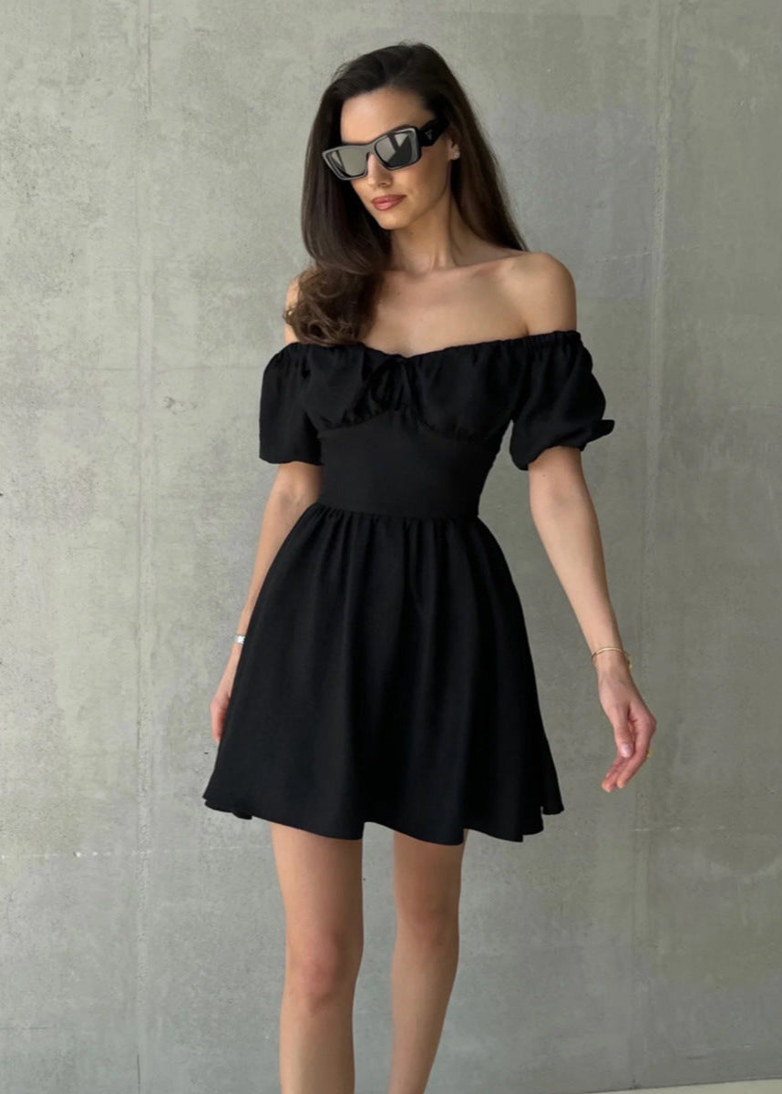 Off Shoulder Puff Sleeve Mini Dress Cotton Blend