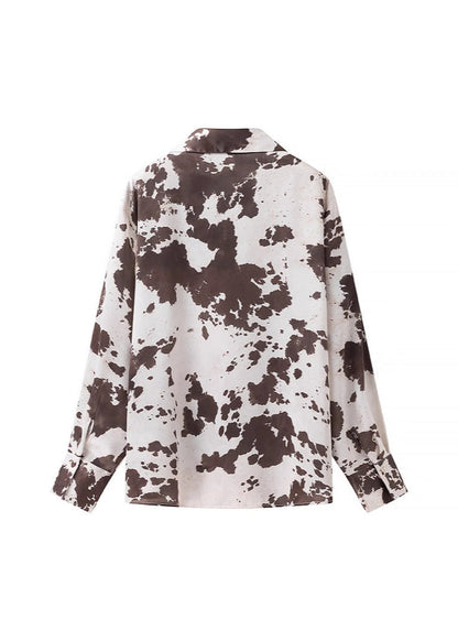 Satin Cow Print Button Up Shirt With Relaxed Fit