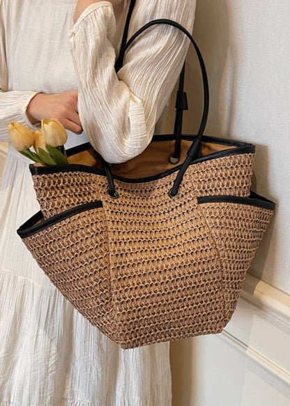 Woven Straw Tote Bag with Contrast Trim