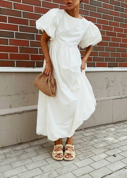 Puff Sleeve Maxi Dress Lightweight White