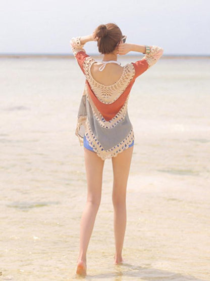 Beach Vacation Hollow 3/4 Sleeve Mask Cover-Ups