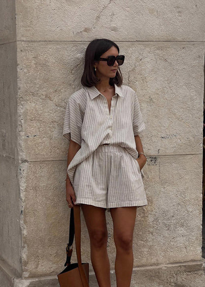 Striped Linen Look Two Piece Set Khaki