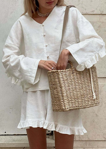 Two Piece Cotton Linen Set With Ruffle Trim