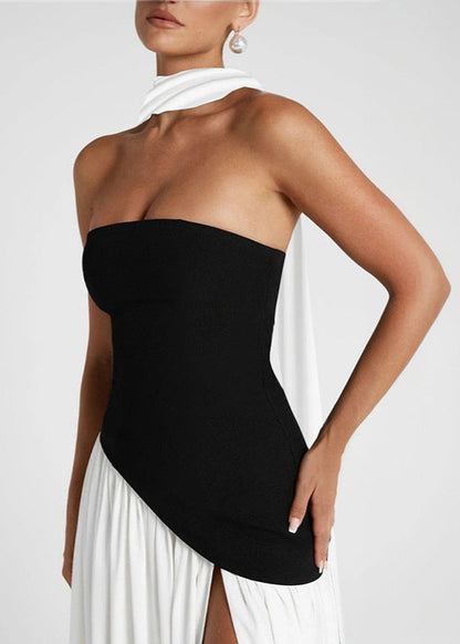 Strapless Contrast Gown Black And White With Slit
