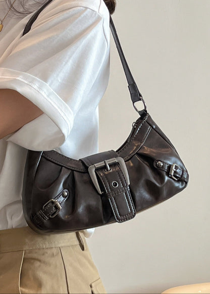Vintage Buckle Shoulder Bag Faux Leather Coffee Brown