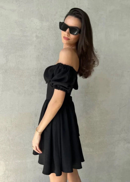 Off Shoulder Puff Sleeve Mini Dress Cotton Blend