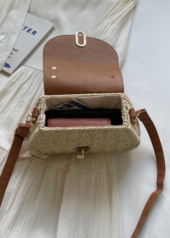 Curved Rattan Shoulder Bag with Faux Leather Flap