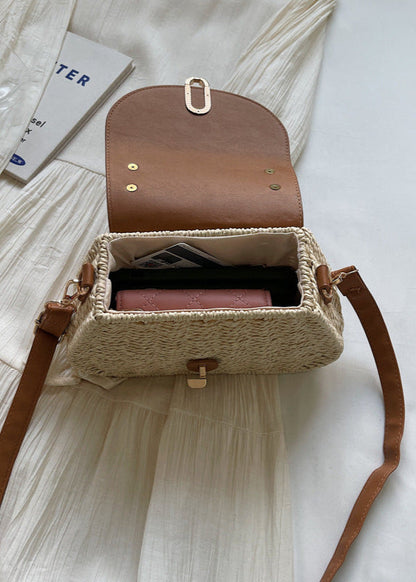 Curved Rattan Shoulder Bag with Faux Leather Flap