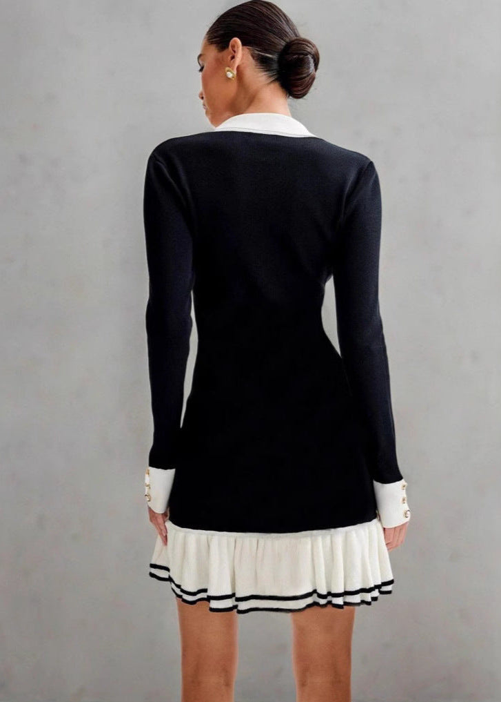 Contrast Trim Knit Dress With Ruffle Hem