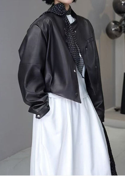 Cropped Faux Leather Snap Button Jacket