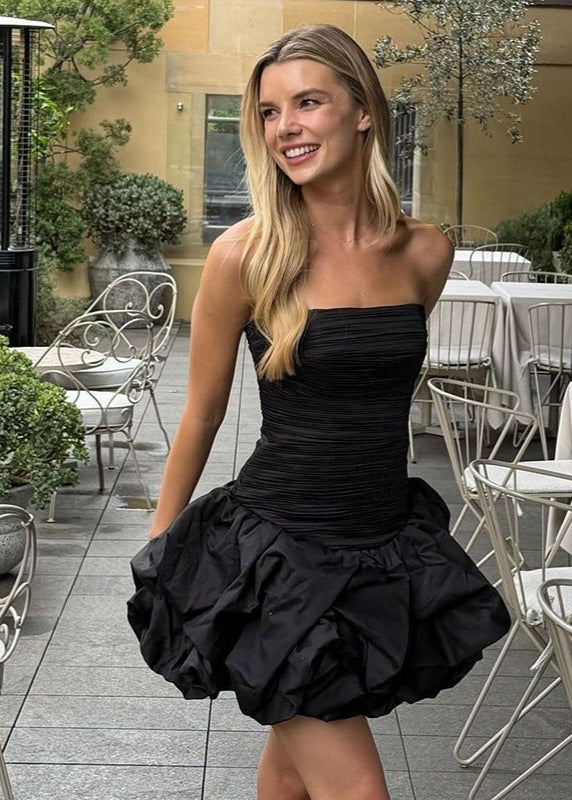 Strapless Ruched Bubble Mini Dress Black White