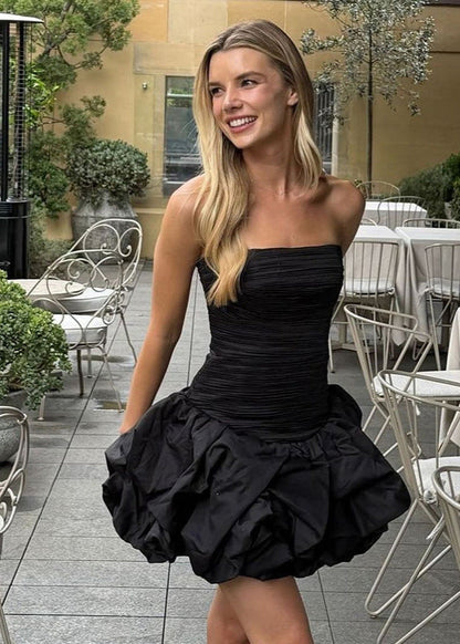 Strapless Ruched Bubble Mini Dress Black White