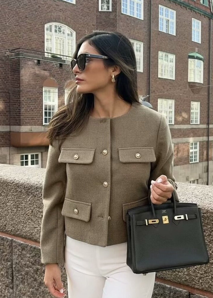 Tweed Cropped Jacket With Gold Button Accents