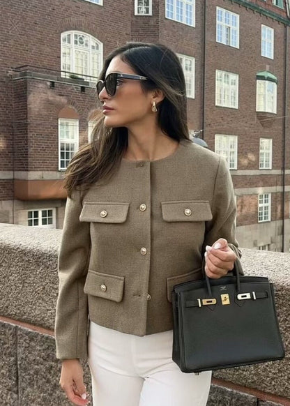 Tweed Cropped Jacket With Gold Button Accents