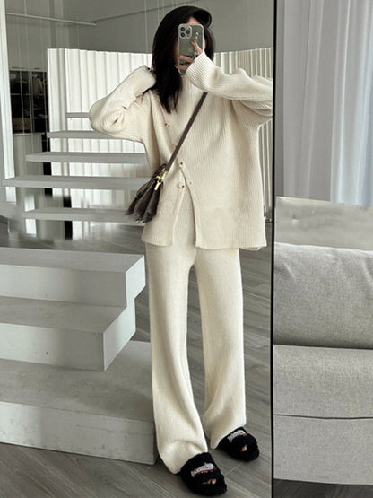 Casual Loose Solid Color Half Turtleneck Sweater Tops & Wide Leg Pants Suits