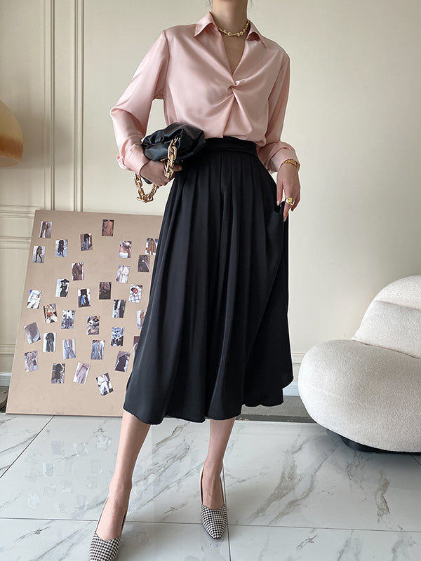 Long Sleeves Knot Pleated Solid Color Split-Joint Lapel Blouses&Shirts Tops