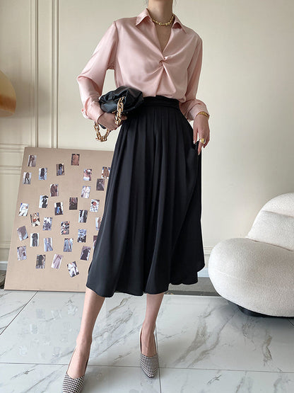Long Sleeves Knot Pleated Solid Color Split-Joint Lapel Blouses&Shirts Tops