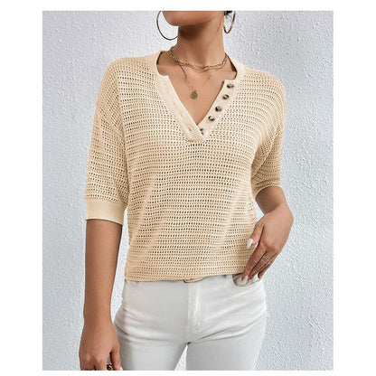 Casual V-Neck Hollow Short-Sleeved Sweater