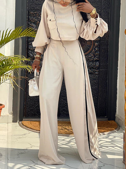 Long Sleeves Wide Leg Buttoned Contrast Color Round-Neck Shirts Tops&Pants Suits