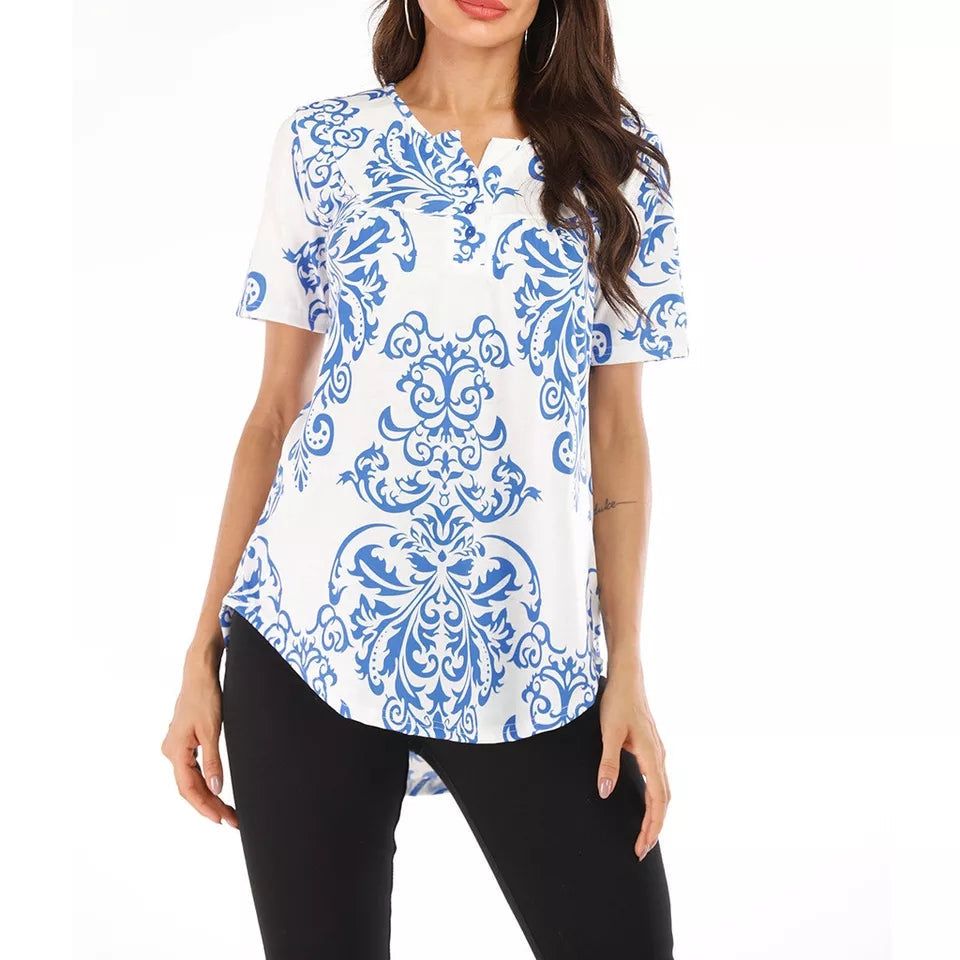 Spring And Summer New Button Collar Pleated Short Sleeve T Shirt