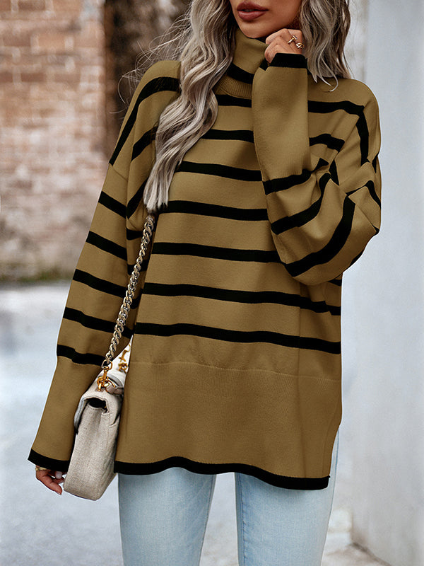 Loose Wrap Contrast Color Split-Side Striped High-Neck Sweater Tops